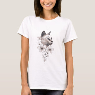 Minimalistisk design för siamesisk katt och blommo t shirt