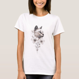 Minimalistisk design för siamesisk katt och blommo t shirt
