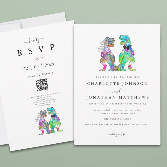 Minimalistisk dinosaurie-tema bröllop inbjudningar (Simple dinosaur theme wedding invitation with colorful watercolor T-Rex bride and groom)