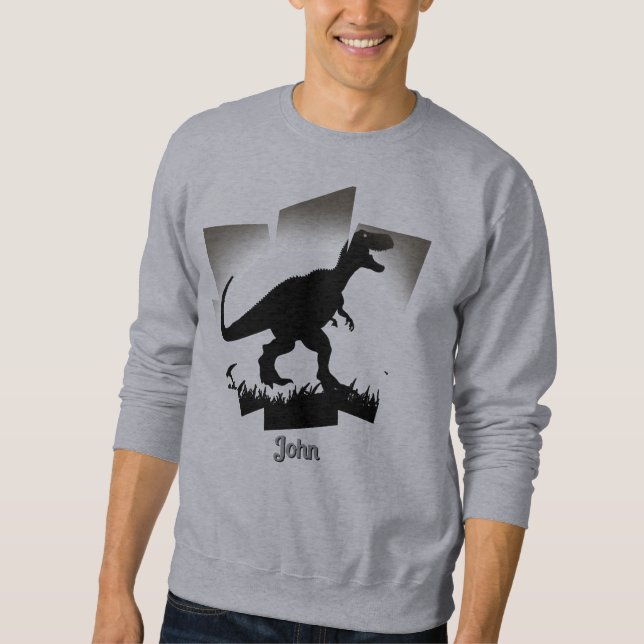 Minimalistisk dinosaurisilhuett i grassy fält lång ärmad tröja (Framsida)