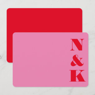 Minimalistisk djärv Monogram-Rosa och Röda Bröllop Anteckningskort