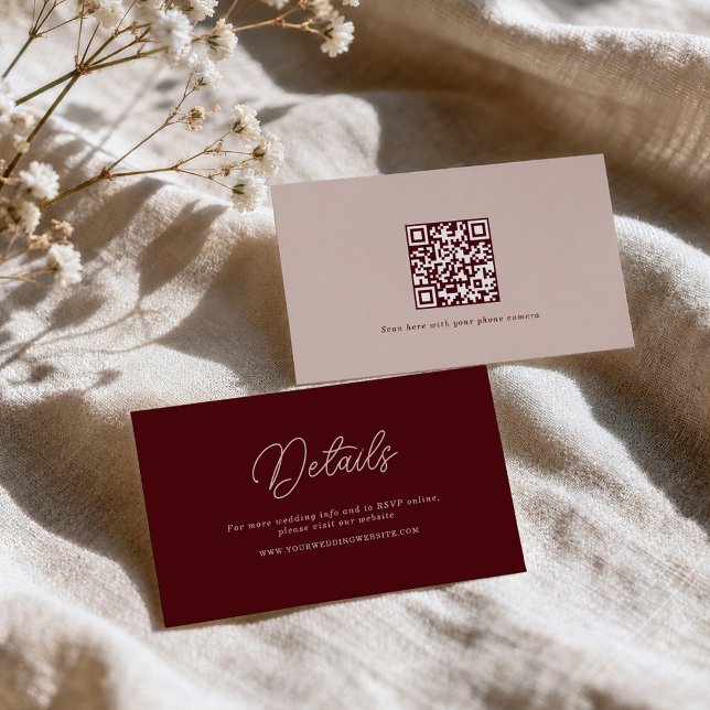 Minimalistisk djupvins QR- bröllopsdetaljkort Tilläggskort (Skapare uppladdad)
