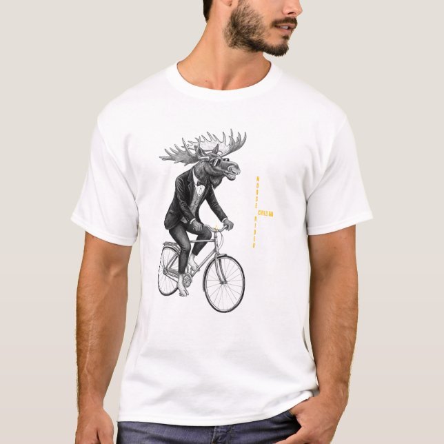 Minimalistisk djurillustration av älg på cykel. t shirt (Framsida)