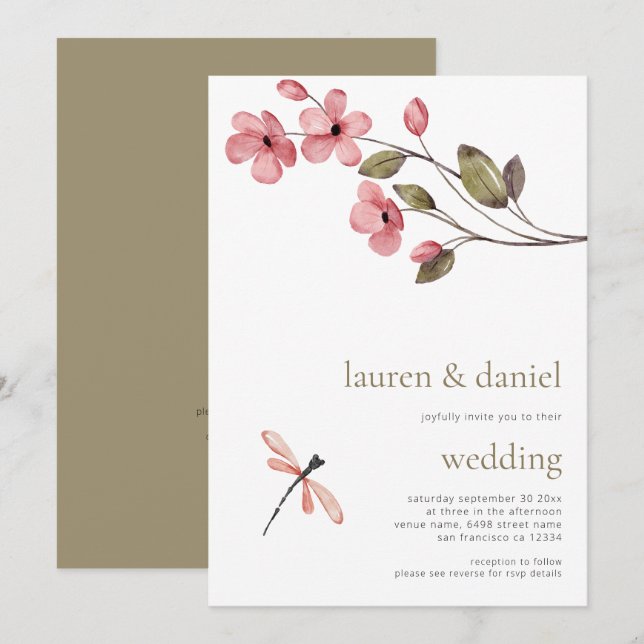 Minimalistisk Dragonfly Wildblomma QR Blue Bröllop Inbjudningar (Fram/baksida)