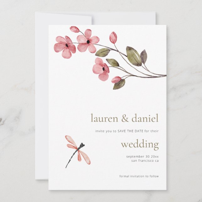 Minimalistisk Dragonfly Wildblomma QR Blue Bröllop Spara Datumet (Framsida)