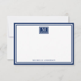 Minimalistisk dubbelkantad monogramnamn marinblå anteckningskort