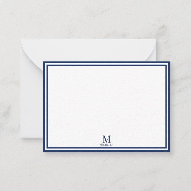Minimalistisk dubbelmonogram namn marinblå anteckningskort (Framsida)
