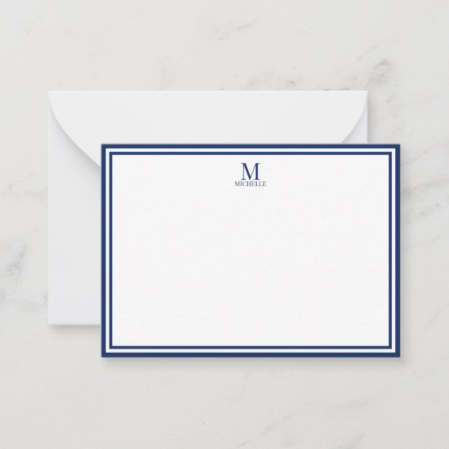 Minimalistisk dubbelmonogram namn marinblå anteckningskort (Framsida)