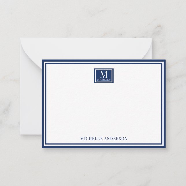 Minimalistisk dubbelmonogram namn marinblå anteckningskort (Framsida)