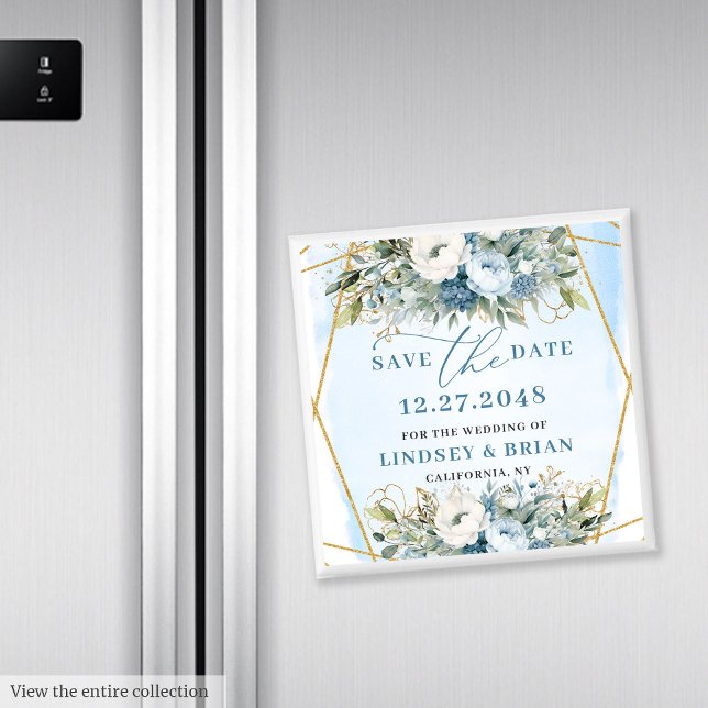 Minimalistisk Dusty Blue Blommigt Guld Spara datum Magnet (Minimalist Dusty Blue Floral Gold Save the Date)