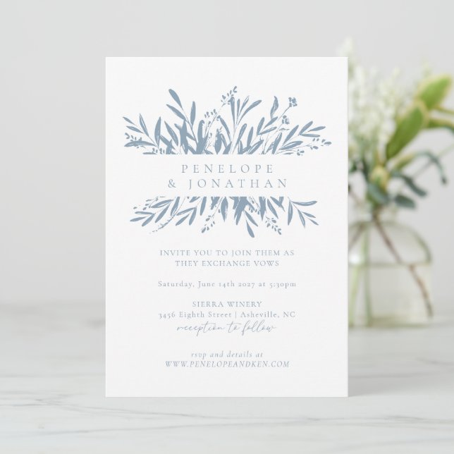 Minimalistisk Dusty Blue Boho Botanical Bröllop Inbjudningar (Stående Fram)