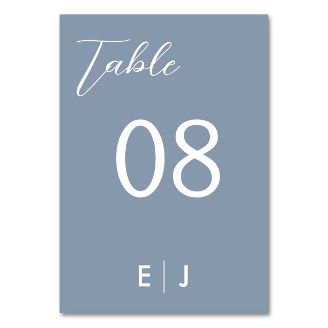 Minimalistisk Dusty Blue Bröllop Bordsnummer (Framsidan)