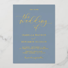 Minimalistisk Dusty Blue Guld Calligraphy Bröllop