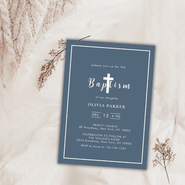 Minimalistisk Dusty Blue Kor Boy Baptism Inbjudningar (Minimalist Dusty Blue Cross Boy Baptism Invitation)