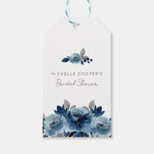Minimalistisk Dusty Blue- och Navy-Blommigt Presentetikett