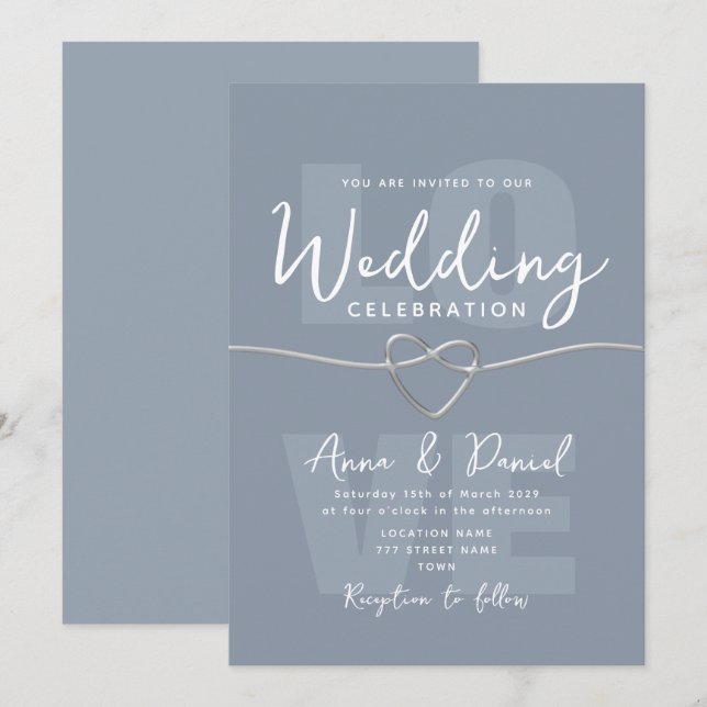 Minimalistisk Dusty Blue Silver Bröllop Inbjudningar (Fram/baksida)