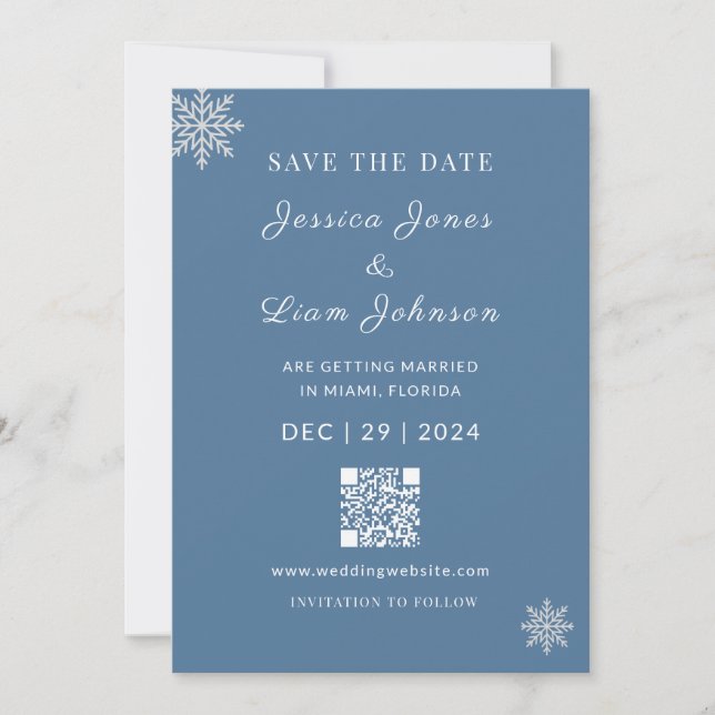 Minimalistisk Dusty Blue White Winter WeddingQR-ko Spara Datumet (Framsida)