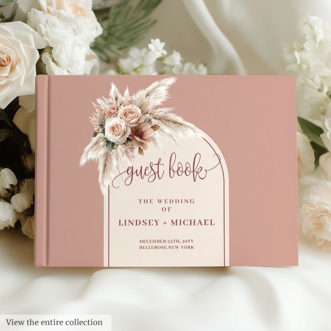 Minimalistisk Dusty Rosa Pampas Arch Blommigt Bröl Gästböcker (Minimalist Dusty Pink Pampas Arch Floral Wedding Book)