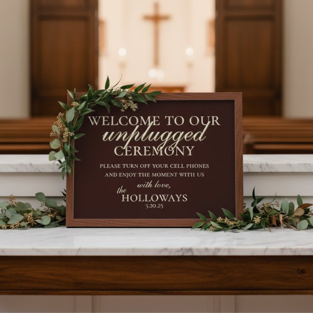 Minimalistisk Earth Tone Unplugged Bröllop Ceremon Poster (Set the tone for a distraction-free ceremony with this Mousse Brown Unplugged Ceremony Sign!)