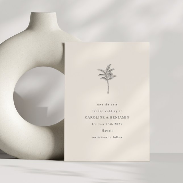 Minimalistisk Ecru Palmtree Linje Konst Elegant Br Spara Datumet (Skapare uppladdad)