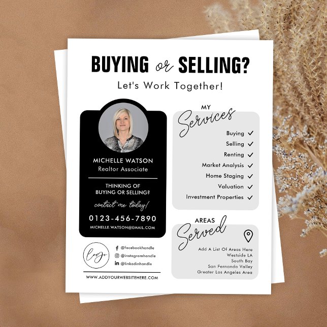 Minimalistisk Egendom Agent-fotorealtor Flyer (Minimalist black and white real estate agent marketing flyer with your custom photo and logo)