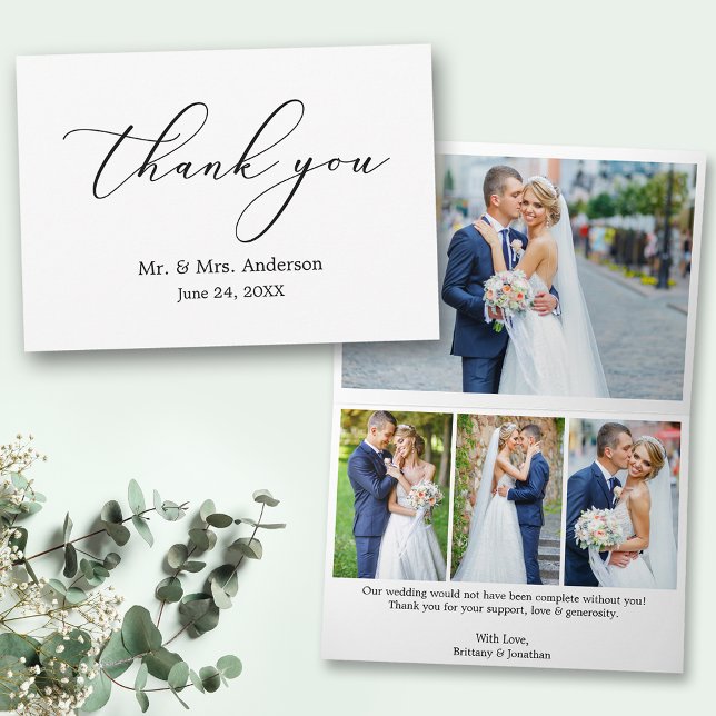 Minimalistisk Elegance-kalligrafi 4 foto-mappad Tack Kort (Customize to change your personalized text size or text style.)