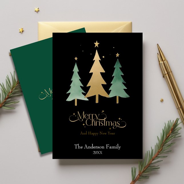 Minimalistisk Elegant Akvarell Julgran Svart Julkort (Minimalist Elegant Watercolor Christmas Tree Black Holiday Card)