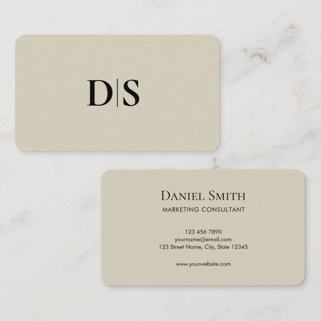 Minimalistisk Elegant Beige Monogram Initial Visitkort (Fram/baksida)