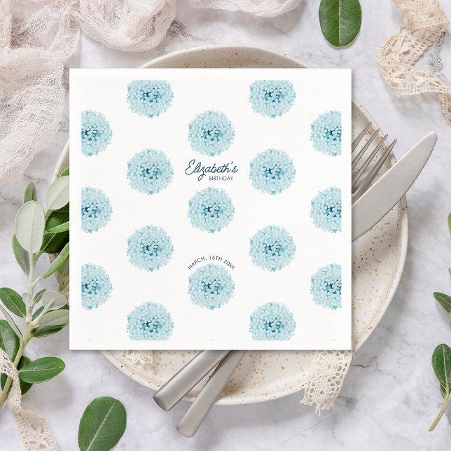 Minimalistisk Elegant Blå Hortensia Födelsedagsfes Pappersservett (Skapare uppladdad)