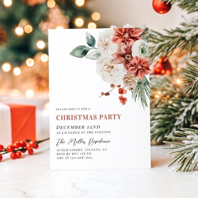 Minimalistisk Elegant Blommig Grönska Julfest Inbjudningar (Skapare uppladdad)