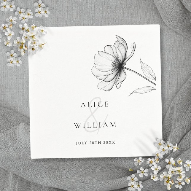 Minimalistisk Elegant Blommig Svart Och Vit Bröllo Pappersservett (Minimalist Elegant Floral Black And White Wedding Napkins)