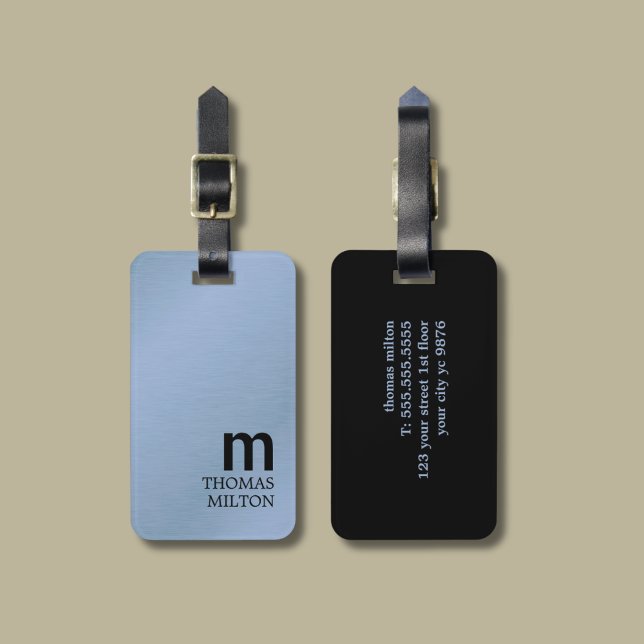 Minimalistisk Elegant Blue Black Bold Monogram Bagagebricka (Skapare uppladdad)