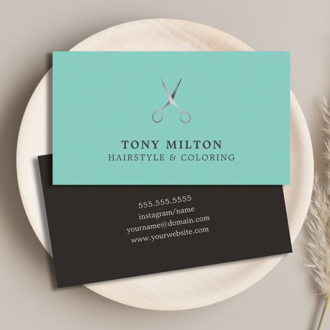Minimalistisk Elegant Blue Black Silver Hairstyle Visitkort (Skapare uppladdad)
