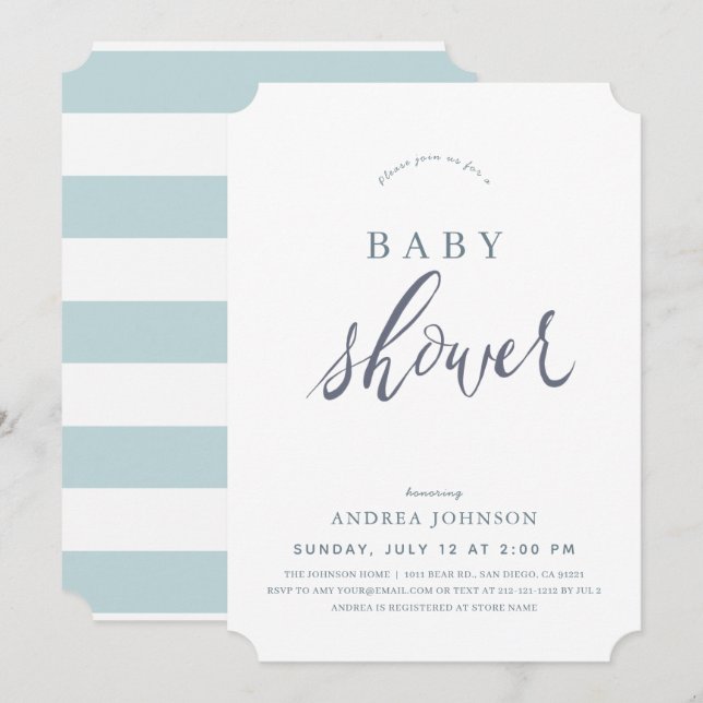 Minimalistisk Elegant Blue Boy Baby Shower Inbjudningar (Fram/baksida)