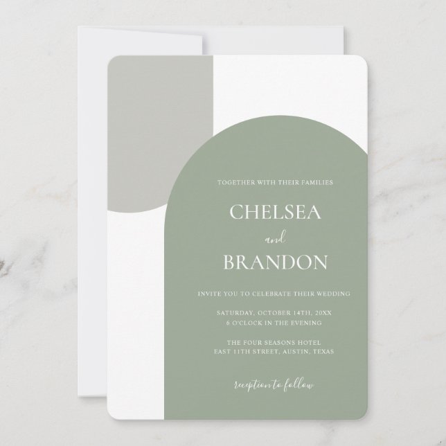 Minimalistisk Elegant Boho Valv Ljust Grön Bröllop Inbjudningar (Framsida)