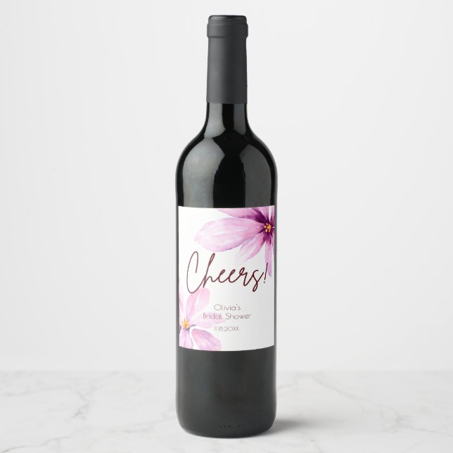 Minimalistisk elegant bröllopsdusch med rosa blomm vinflaska etikett (Framsida)