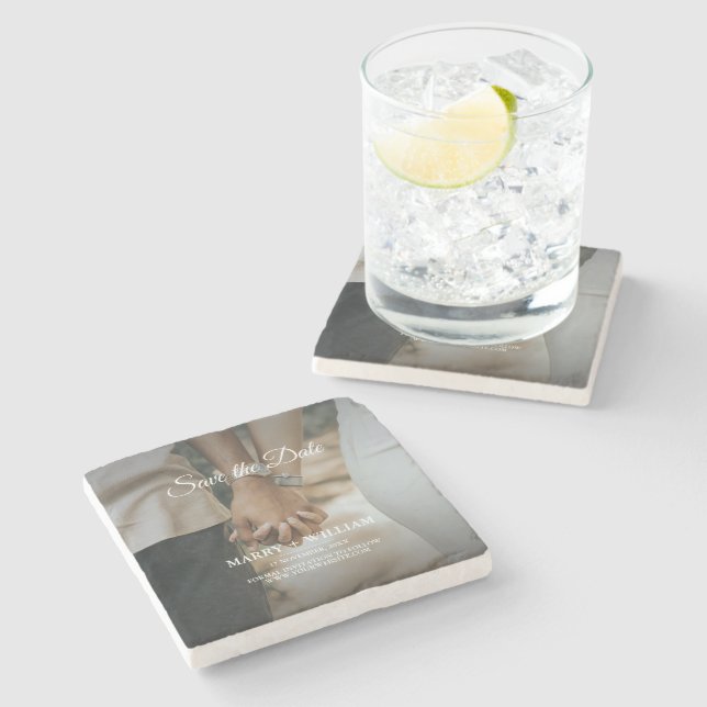 Minimalistisk Elegant Bröllopsfoto Spara Datumet Stenunderlägg (Sidan)