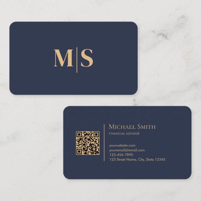 Minimalistisk Elegant Dammblå Initialer QR-kod Visitkort (Fram/baksida)