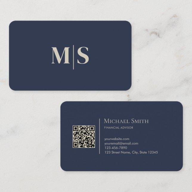 Minimalistisk Elegant Dämpat Blå Initialer QR-kod Visitkort (Fram/baksida)
