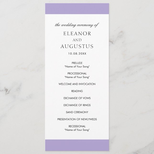 Minimalistisk Elegant Digital Lavendel Lila Bröllo Program (Framsida)