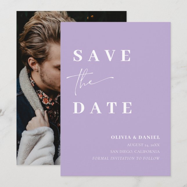 Minimalistisk Elegant Dusty Lilac Photo Save Date Inbjudningar (Fram/baksida)
