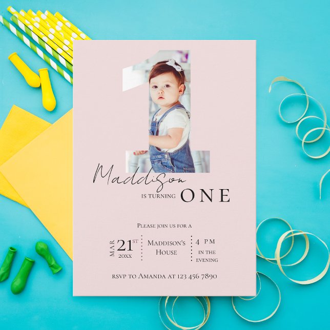 Minimalistisk Elegant för foto-barn, första Födels Inbjudningar (Minimalist Photo Kids Elegant First Birthday Party Invitation)