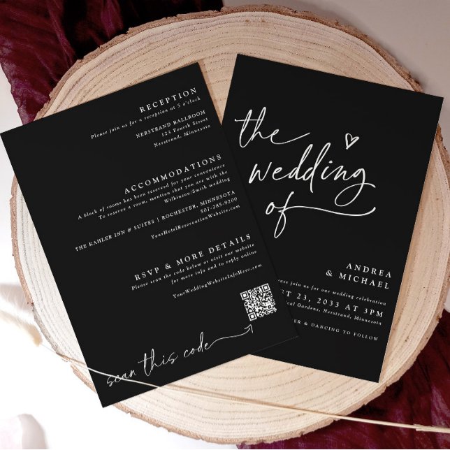 Minimalistisk Elegant för svart Bröllop, modern QR Inbjudningar (Custom Wedding Invitation Template Modern Wedding Invitation Minimalist Design Hand Drawn Wedding)