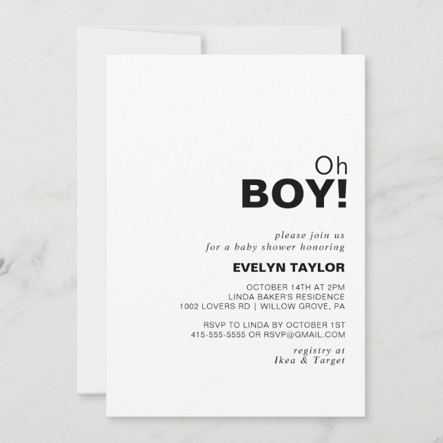 Minimalistisk Elegant Formel Oh Boy Baby Shower Inbjudningar (Framsida)