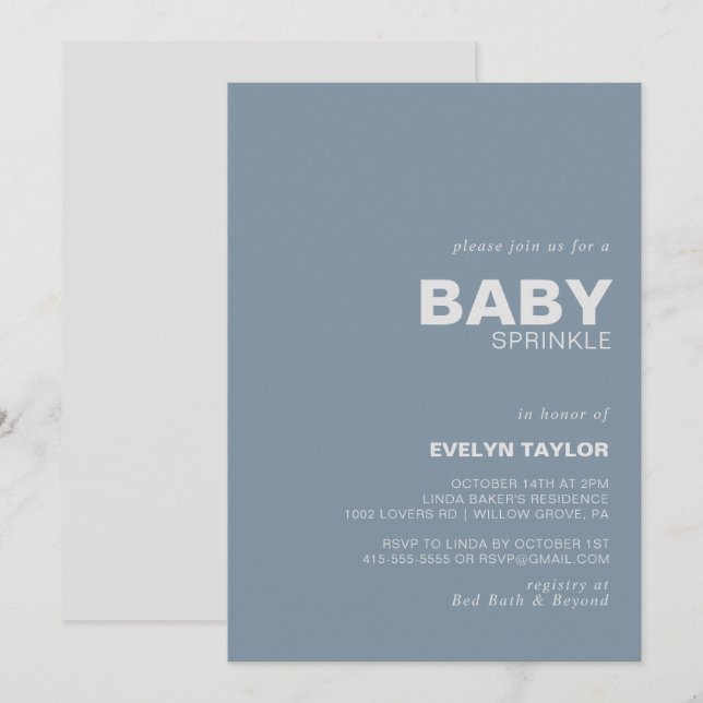 Minimalistisk Elegant Formell Blue Baby Sprinkle Inbjudningar (Fram/baksida)