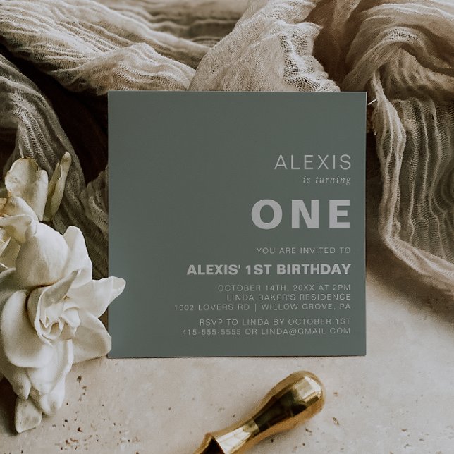 Minimalistisk Elegant Formell Grönt 1:a födelsedag Inbjudningar (Skapare uppladdad)