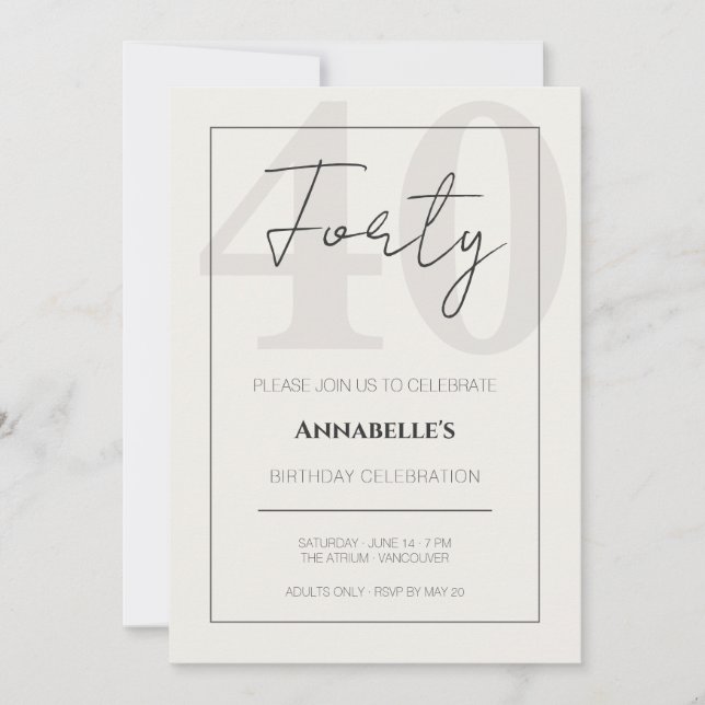 Minimalistisk Elegant Fyrtioårsfirande  Inbjudningar (Framsida)