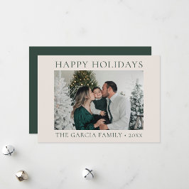 Minimalistisk Elegant Grön och Krämfärgad Foto Julkort