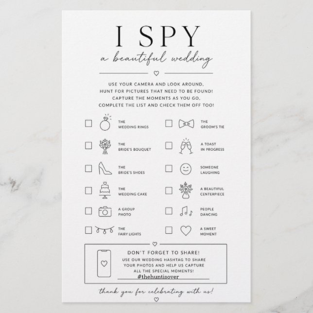 Minimalistisk Elegant I Spy Bröllopssökjakt Flygblad (Framsidan)