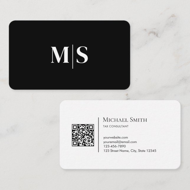 Minimalistisk Elegant Initialer QR-kod Svart och V Visitkort (Fram/baksida)